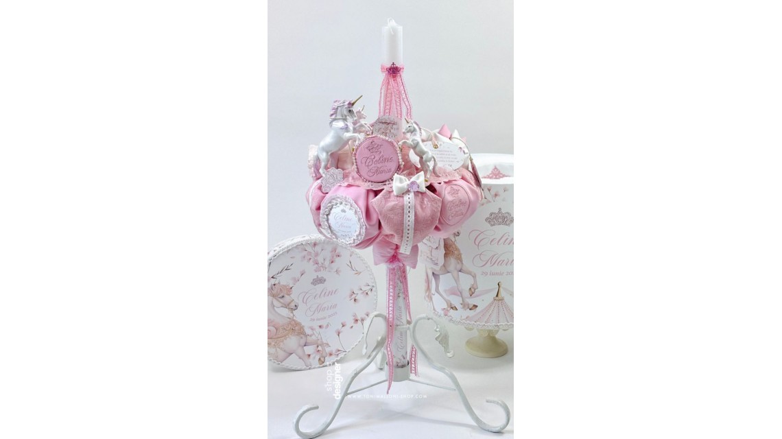 Lumanare cu unicorni roz si broderie personalizata Unicorni si dantela 1